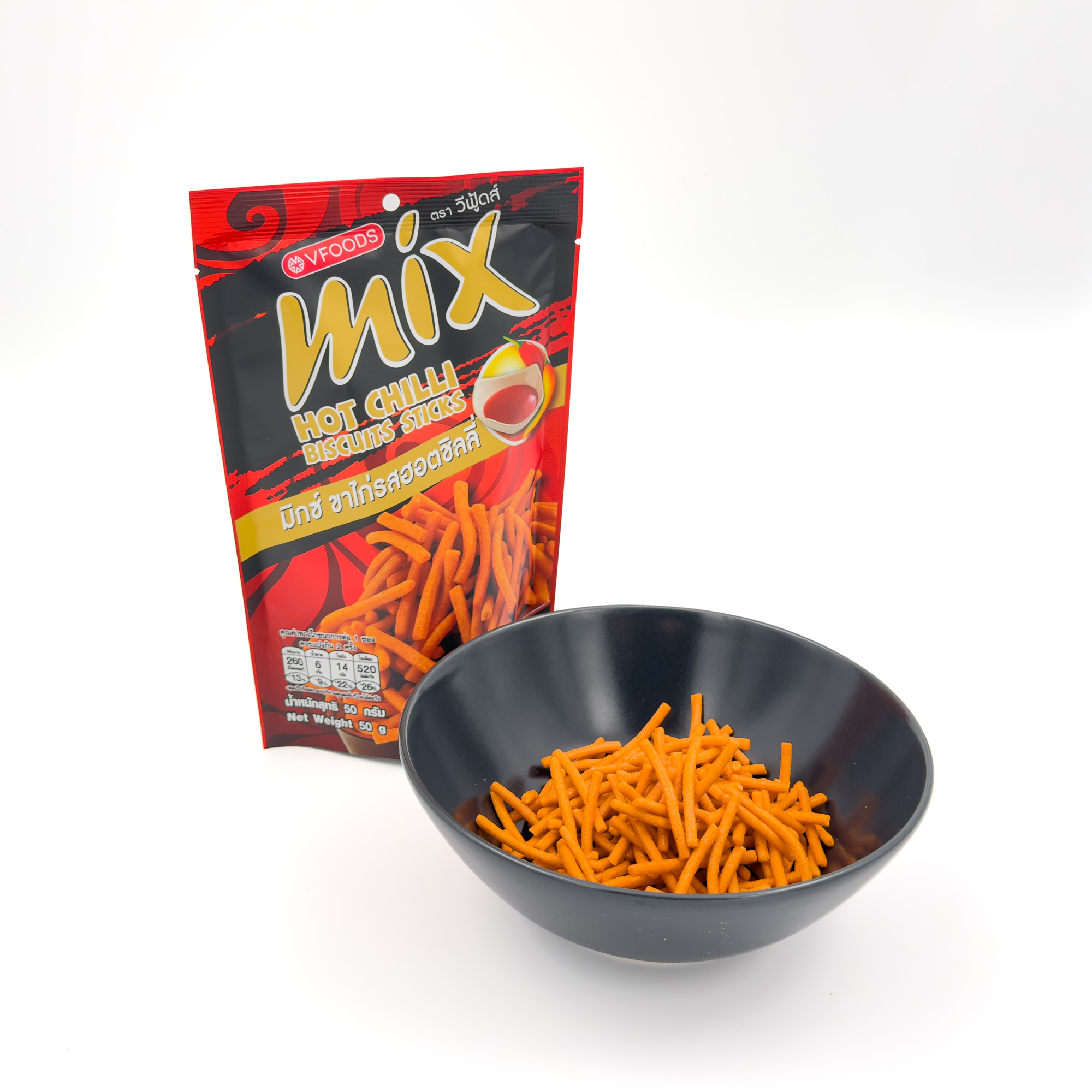 Mix biscuits sticks hot chilli 50g Mix biscuits sticks, hot chilli - i pakke og skål